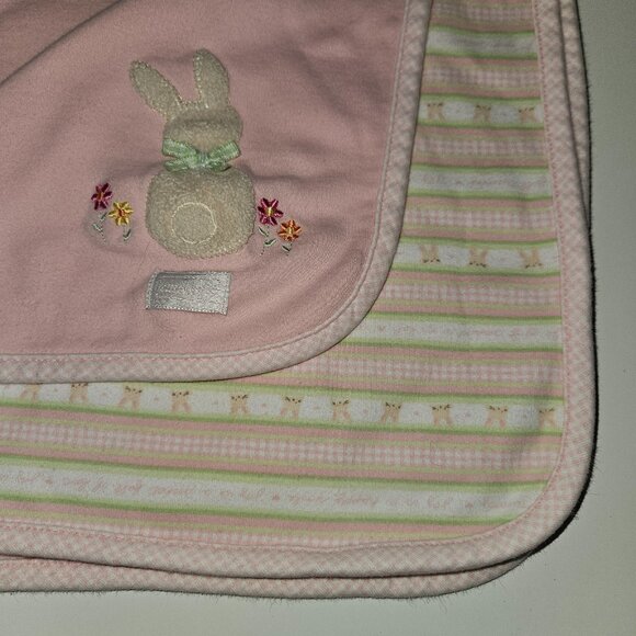 VTG Carter's Bunny Rabbit Pink Baby Blanket JOY IS Green White Stripe Cotton - Picture 1 of 8
